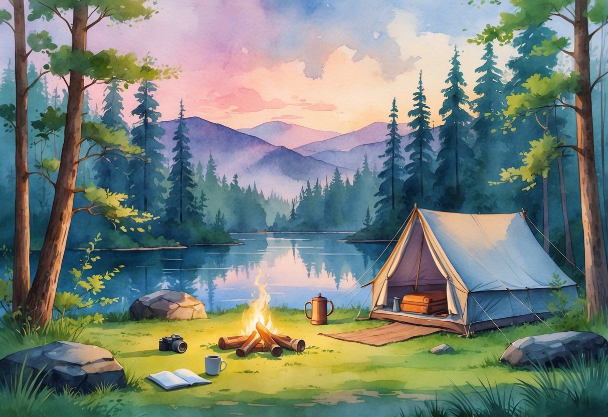 A peaceful campsite by a lake surrounded by pine trees and mountains at dawn, with a tent, campfire, journal, and camera.
