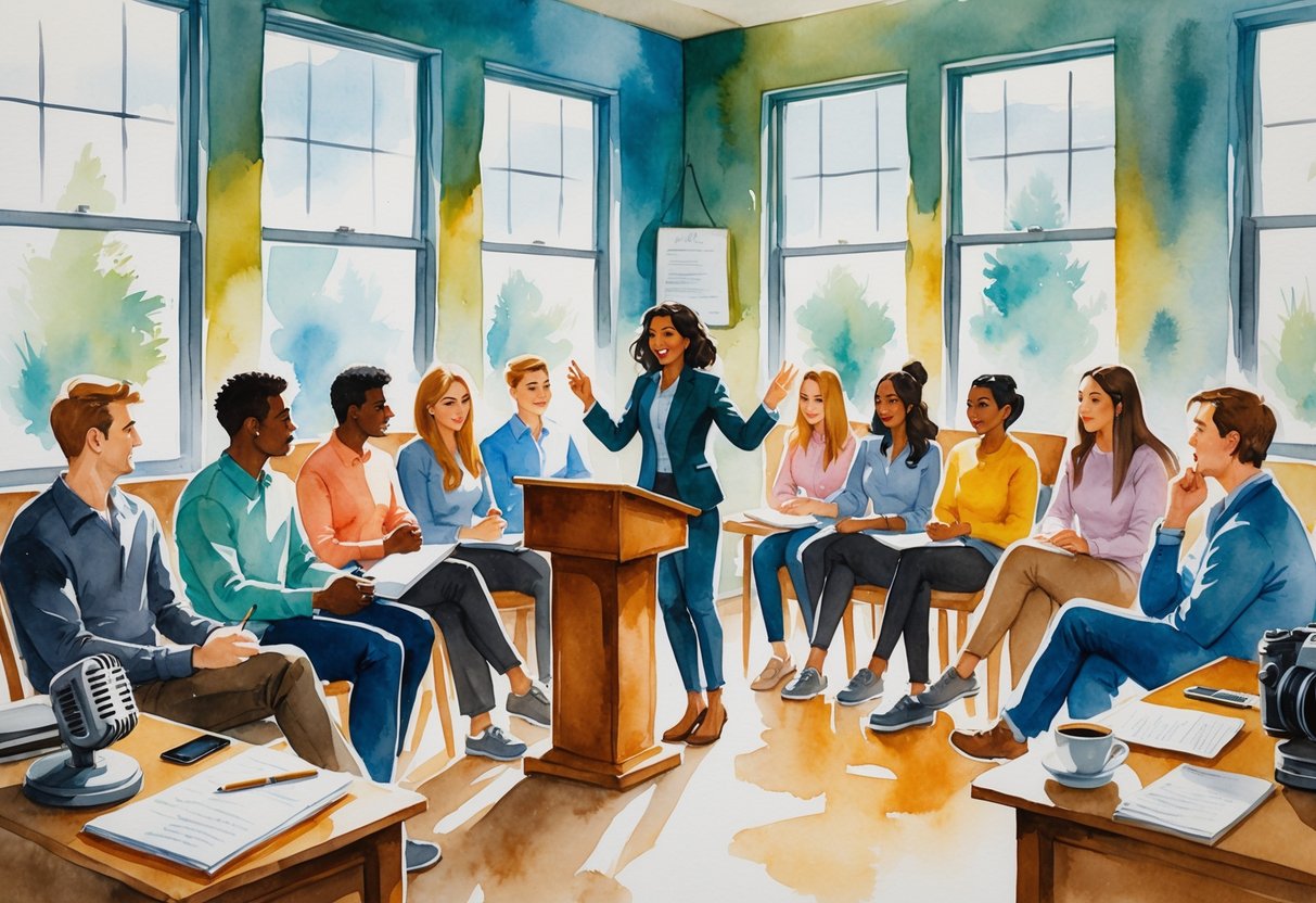 A group of people gathered in a room, listening attentively to a person speaking at a podium, with items like a microphone, notebook, and camera nearby.