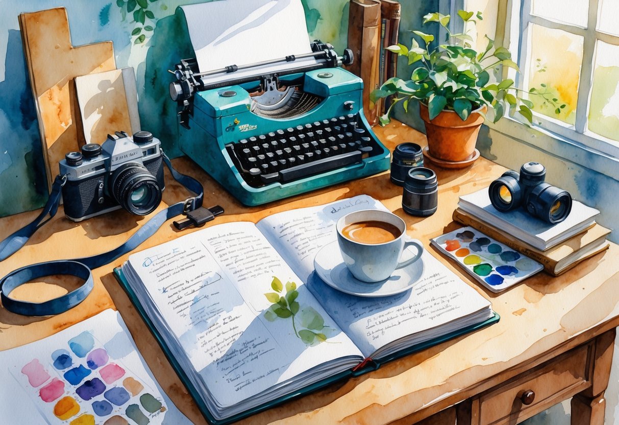 A cozy workspace with a journal, typewriter, coffee cup, camera, paintbrush, books, and a potted plant on a wooden desk near a window.