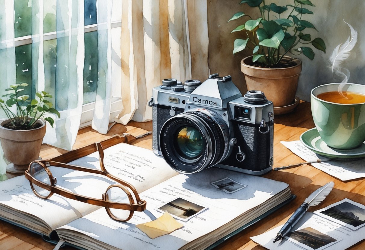 A vintage analog camera on an open journal with scattered notes and photographs on a wooden table near a window with soft natural light, accompanied by reading glasses, a cup of tea, a small plant, and a feather pen.