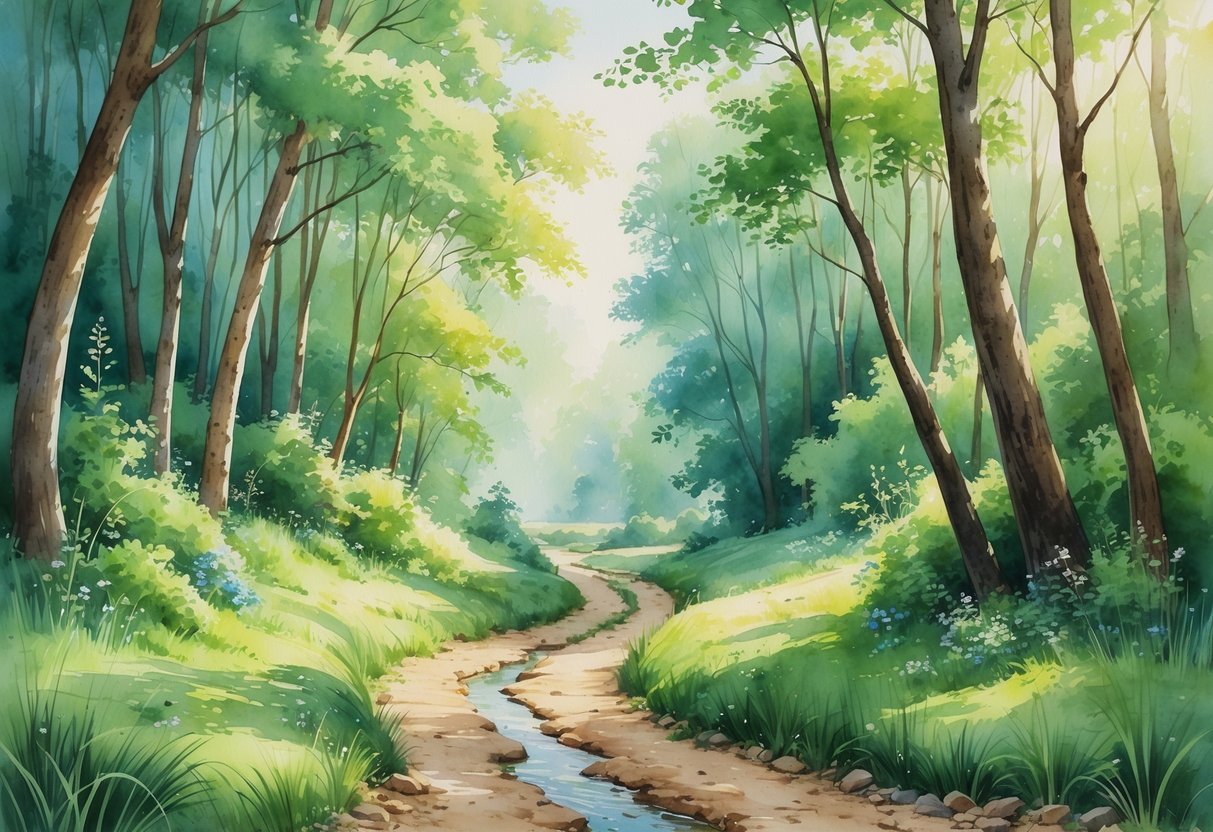 A peaceful forest trail with tall trees, wildflowers, and a small stream, inviting a quiet nature hike.