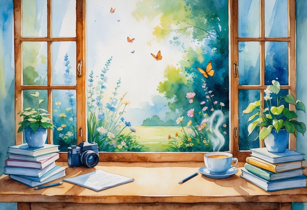 A person sitting at a desk near a window with hobbies like a camera, books, and a sketchbook around them, looking peaceful and relaxed.