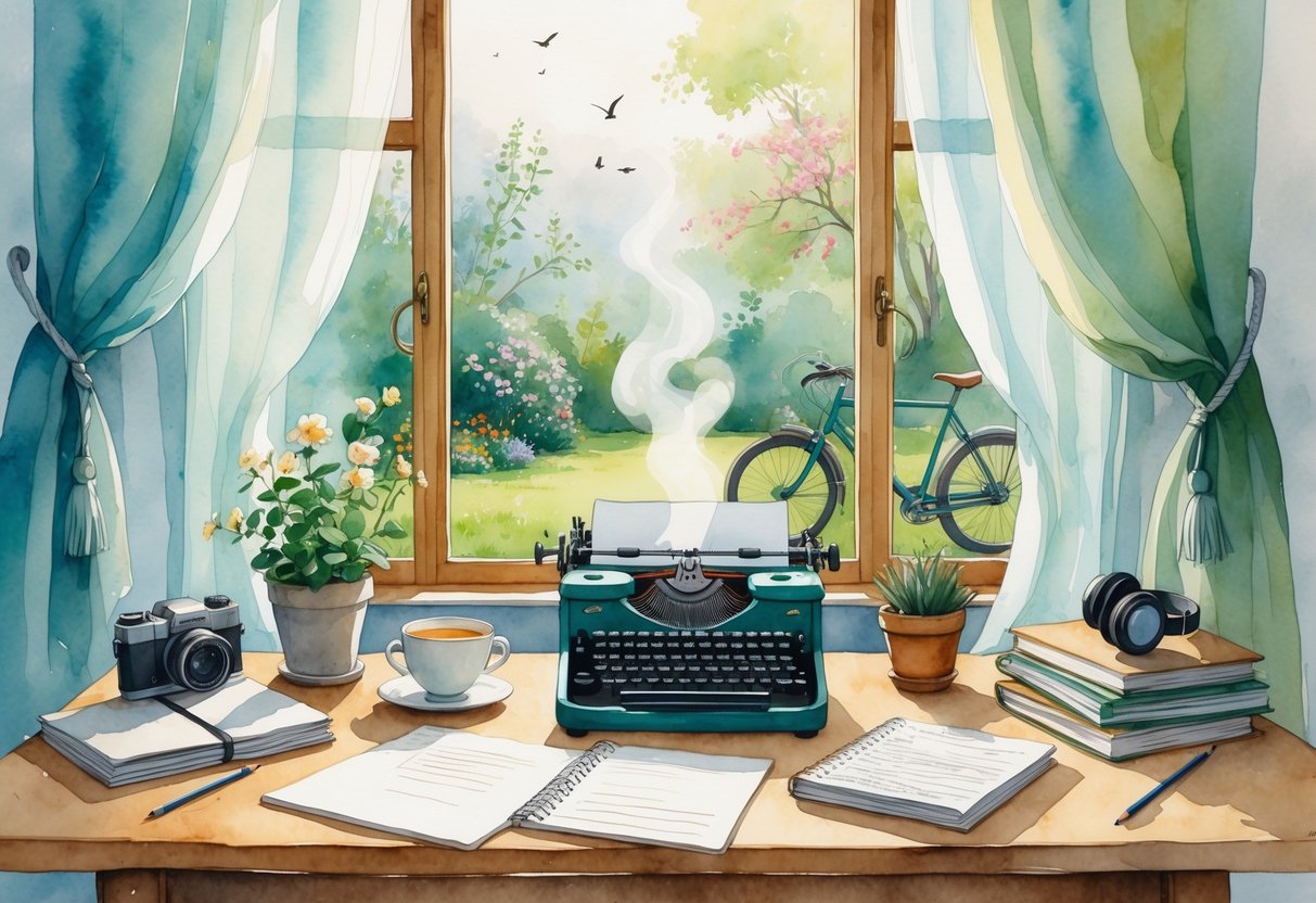 A cozy home office with a desk, typewriter, notebooks, and tea cup surrounded by hobby items like a camera, sketchbook, headphones, plant, books, and a bicycle near a window overlooking a garden with flowers and birds.