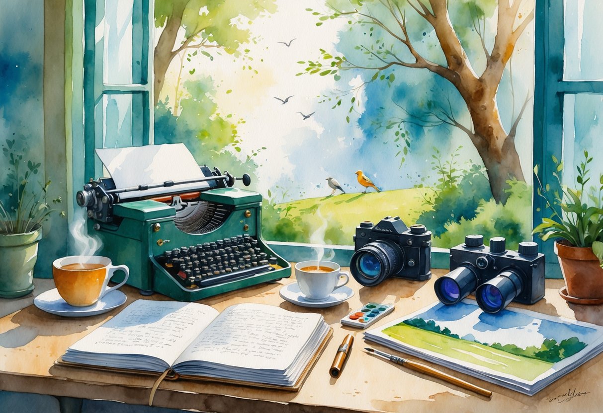 A peaceful workspace with a journal, typewriter, camera, binoculars, art supplies, and a window showing a garden with birds.