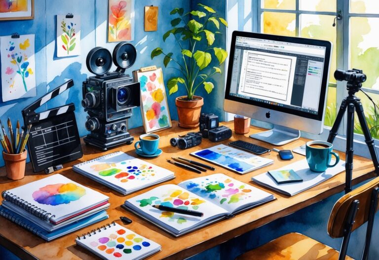 A cozy creative workspace with film and editing equipment, art supplies, musical instruments, books, and plants arranged on and around a desk near a window.