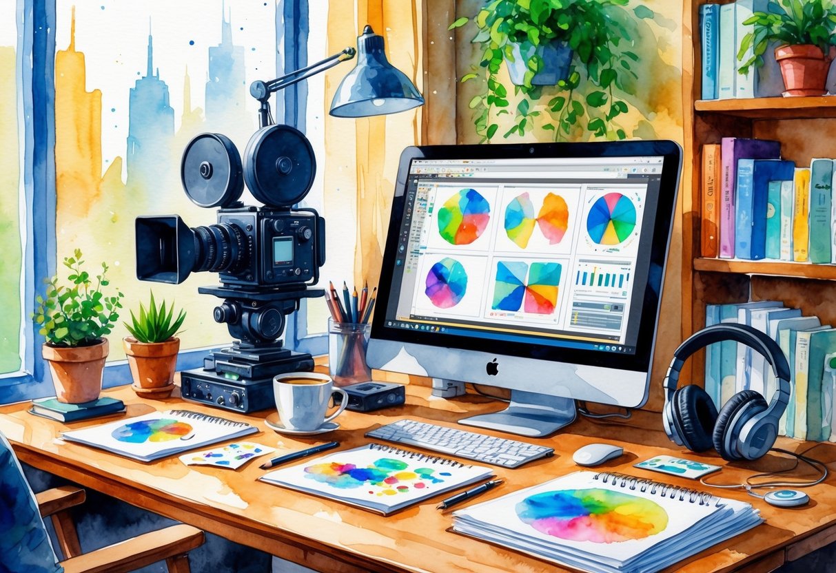 A cozy workspace with a desk holding a film camera, editing tools, sketchbook, coffee cup, headphones, and books, with a window showing a cityscape outside.
