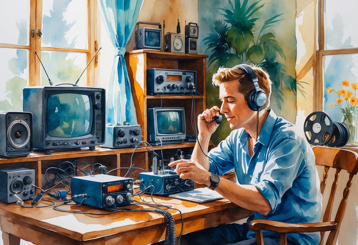 A person operating amateur radio equipment at a desk surrounded by radio gear and TV production tools in a cozy room.