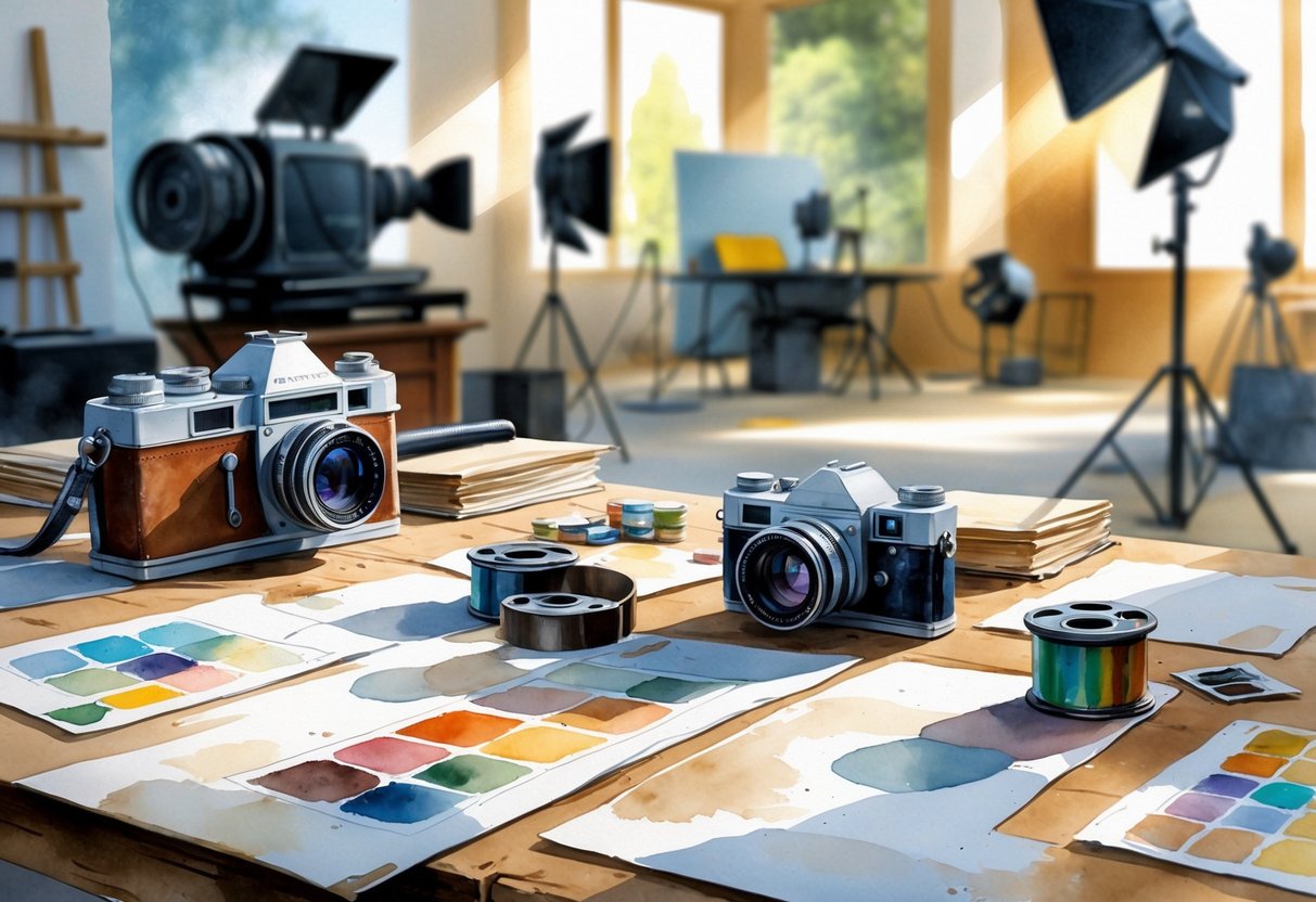 A workspace with cameras, film reels, color swatches, and set design sketches on a wooden table near a window, with studio equipment visible in the background.