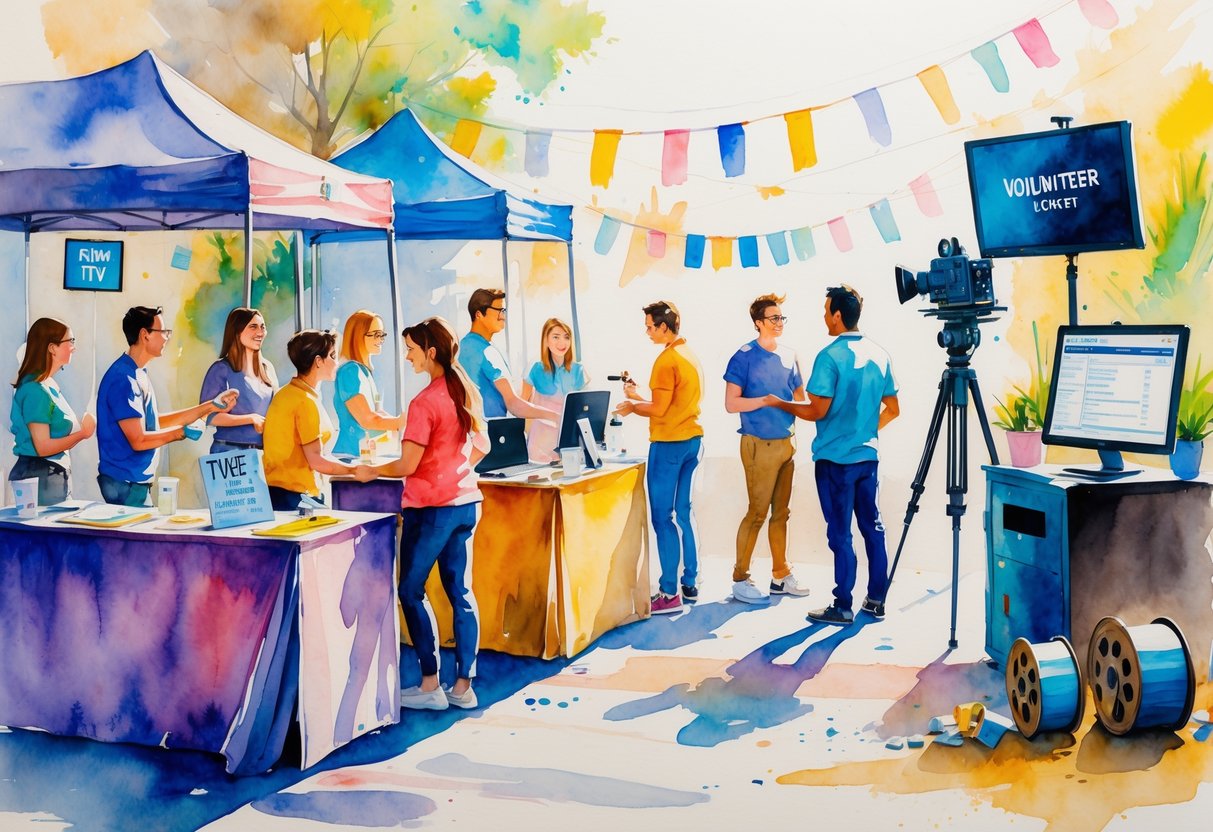 A lively scene of volunteers working at a film festival with film equipment and editing monitors in the background.