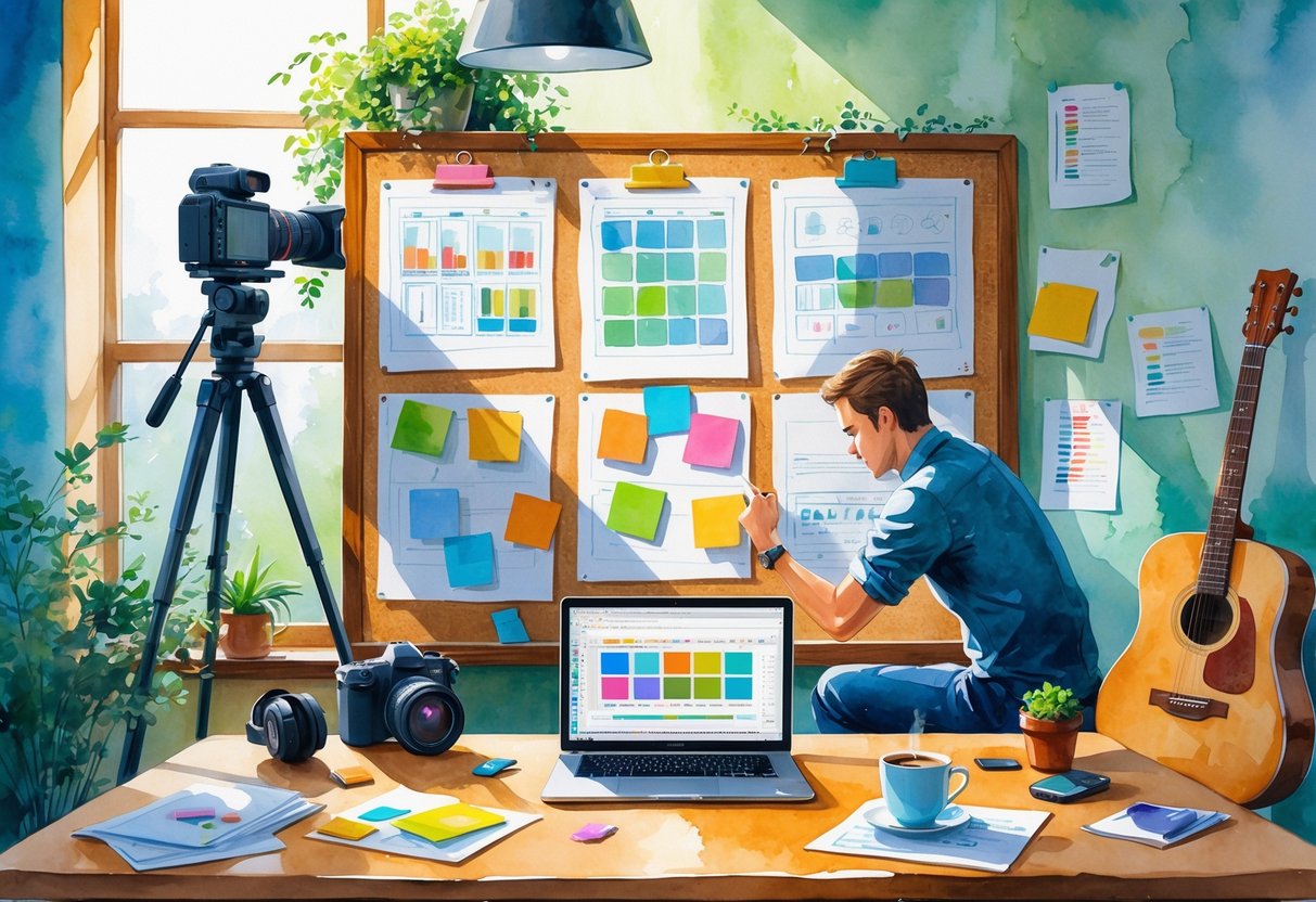 A creative workspace with a desk covered in storyboards, video editing tools, a camera, a guitar, and a potted plant, with two people arranging storyboards and working on video editing.