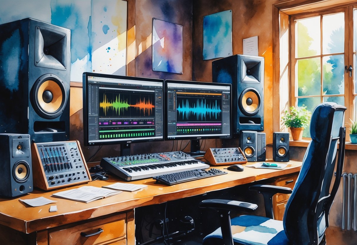 A workspace with audio mixing equipment including computer screens, headphones, and mixing consoles in a well-lit room.