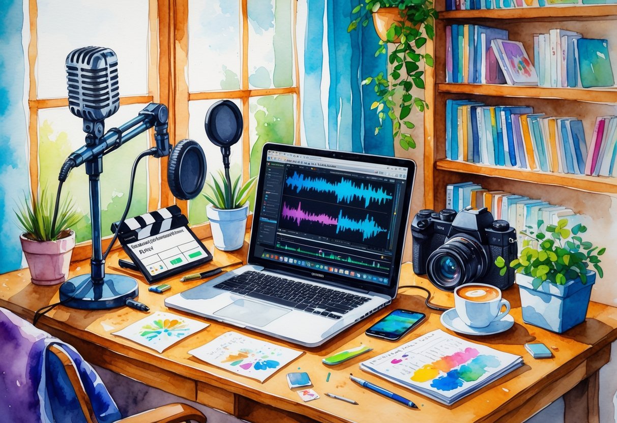 A cozy workspace with podcasting equipment, a laptop, camera, notes, and books on a wooden desk near a window.