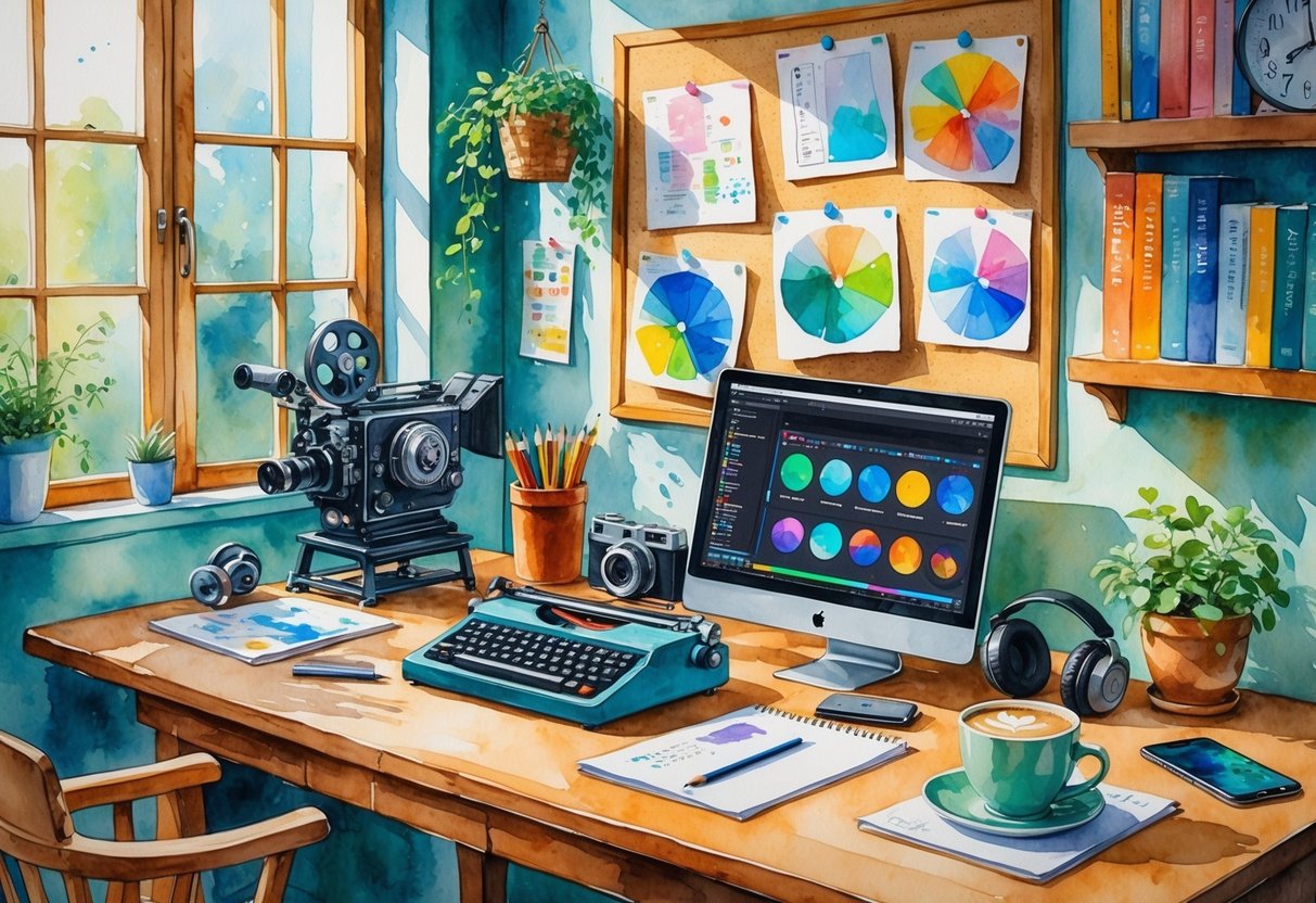 A creative workspace with a desk holding film reels, a typewriter, storyboards, a laptop, camera, sketchpad, coffee cup, plant, and headphones, illuminated by natural light from a window.