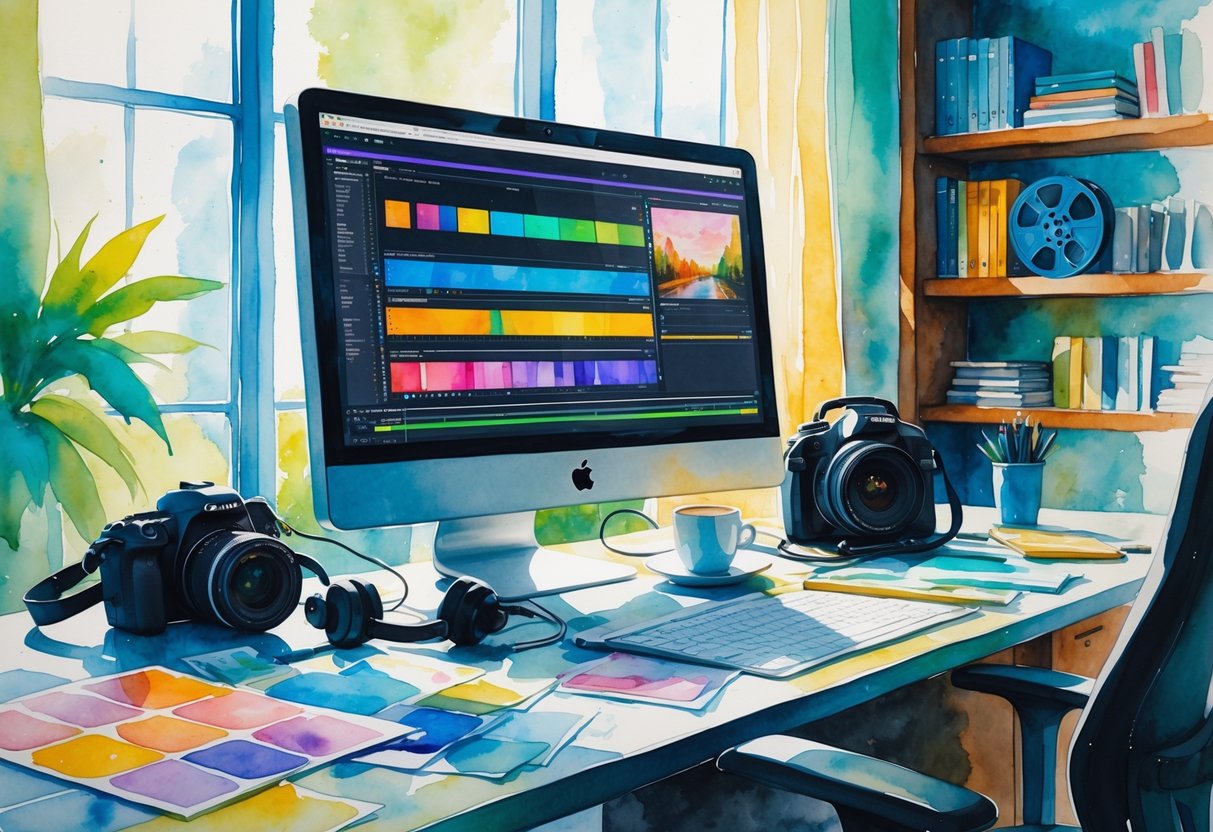 A workspace with a computer showing video editing software, a camera, headphones, and books on shelves in the background.
