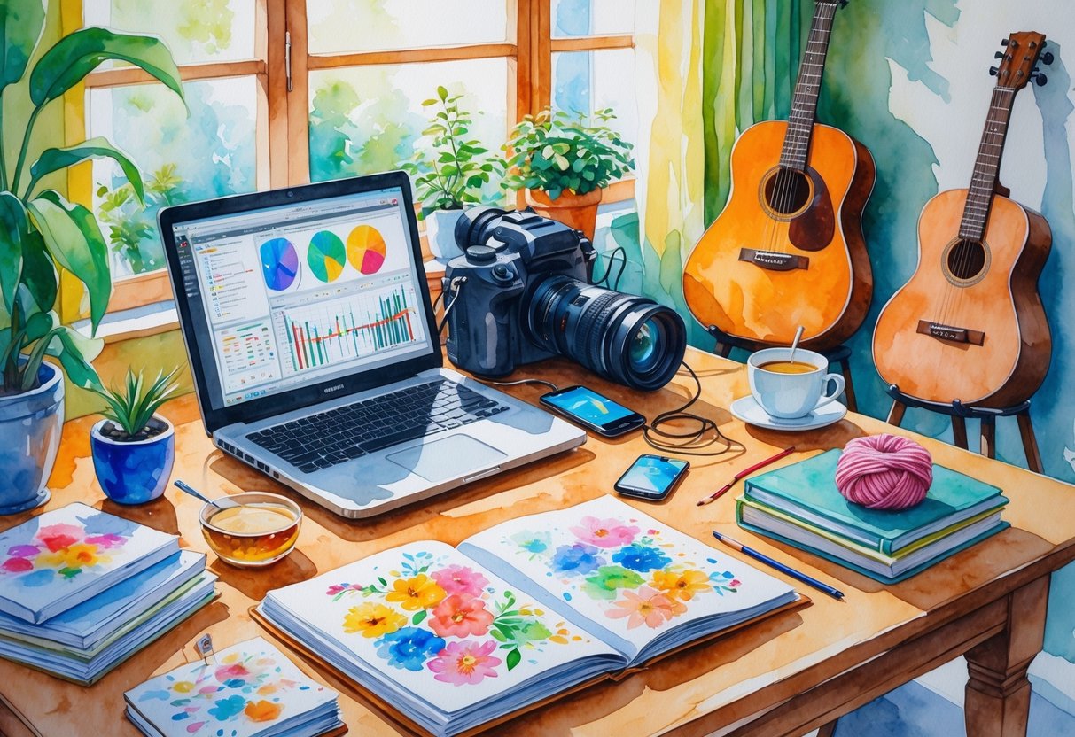 A cozy workspace with video editing equipment and various hobby items like a sketchbook, knitting yarn, a plant, and a guitar in the background.