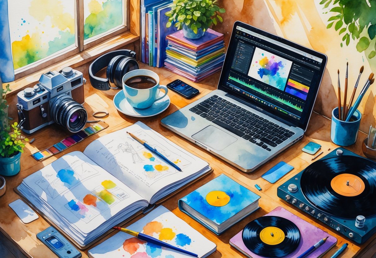 A creative workspace with a film camera, headphones, notebook, coffee cup, books, paintbrushes, laptop, and vinyl record player arranged on a wooden desk near a window.