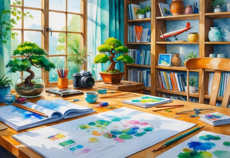 An architect’s workspace surrounded by various creative hobby items including blueprints, painting tools, plants, knitting materials, a musical instrument, and pottery in a cozy room.