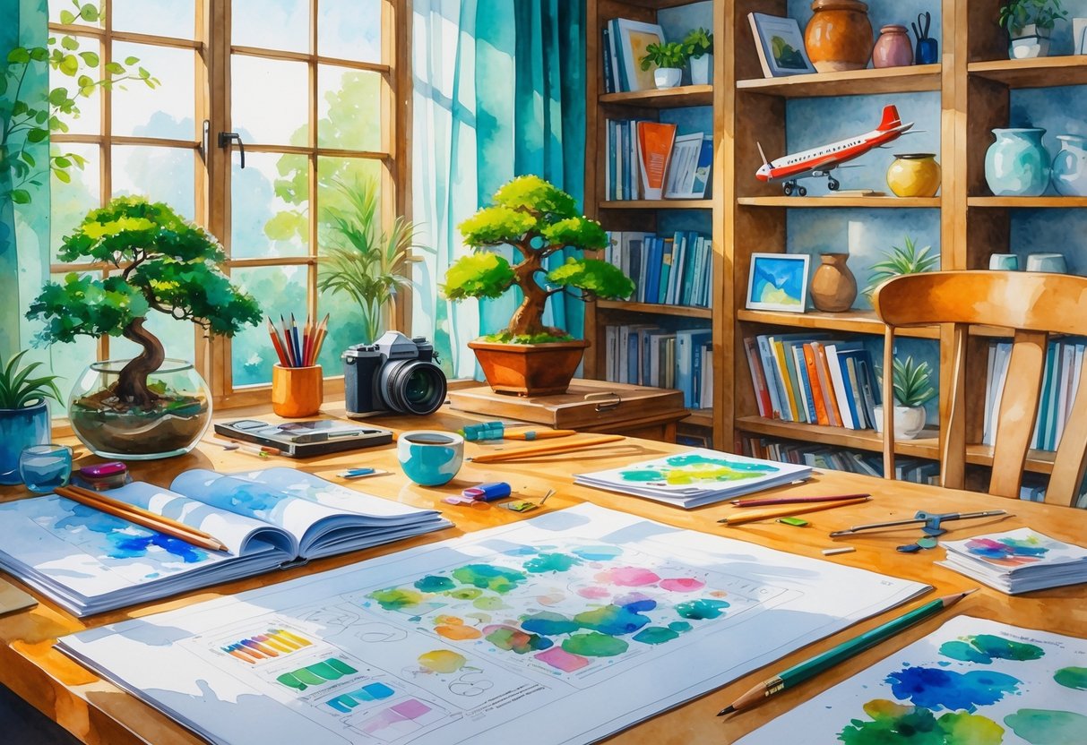 An architect’s workspace surrounded by various creative hobby items including blueprints, painting tools, plants, knitting materials, a musical instrument, and pottery in a cozy room.