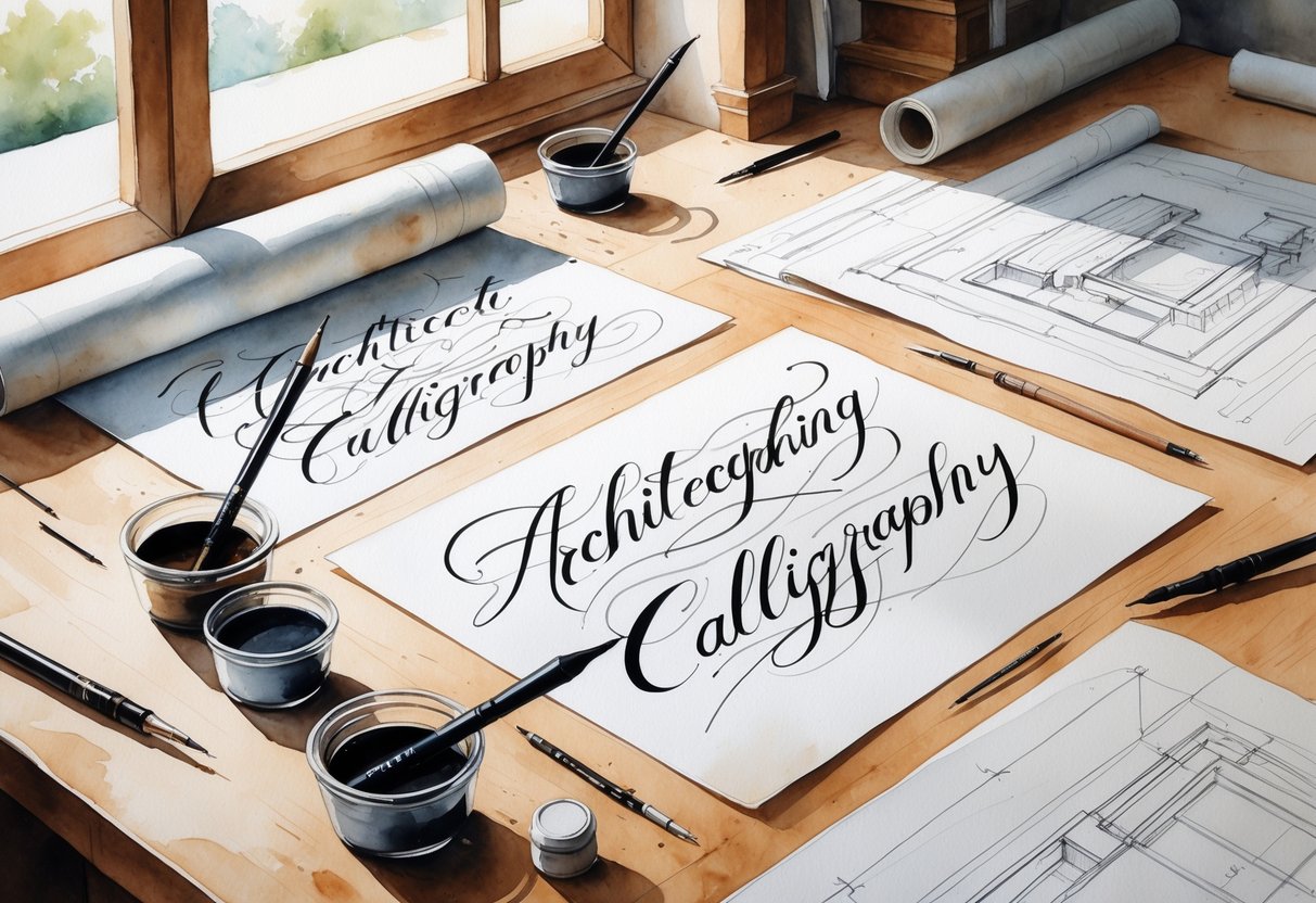An architect's desk with calligraphy pens, ink pots, flowing handwritten strokes on paper, and architectural sketches under soft natural light.