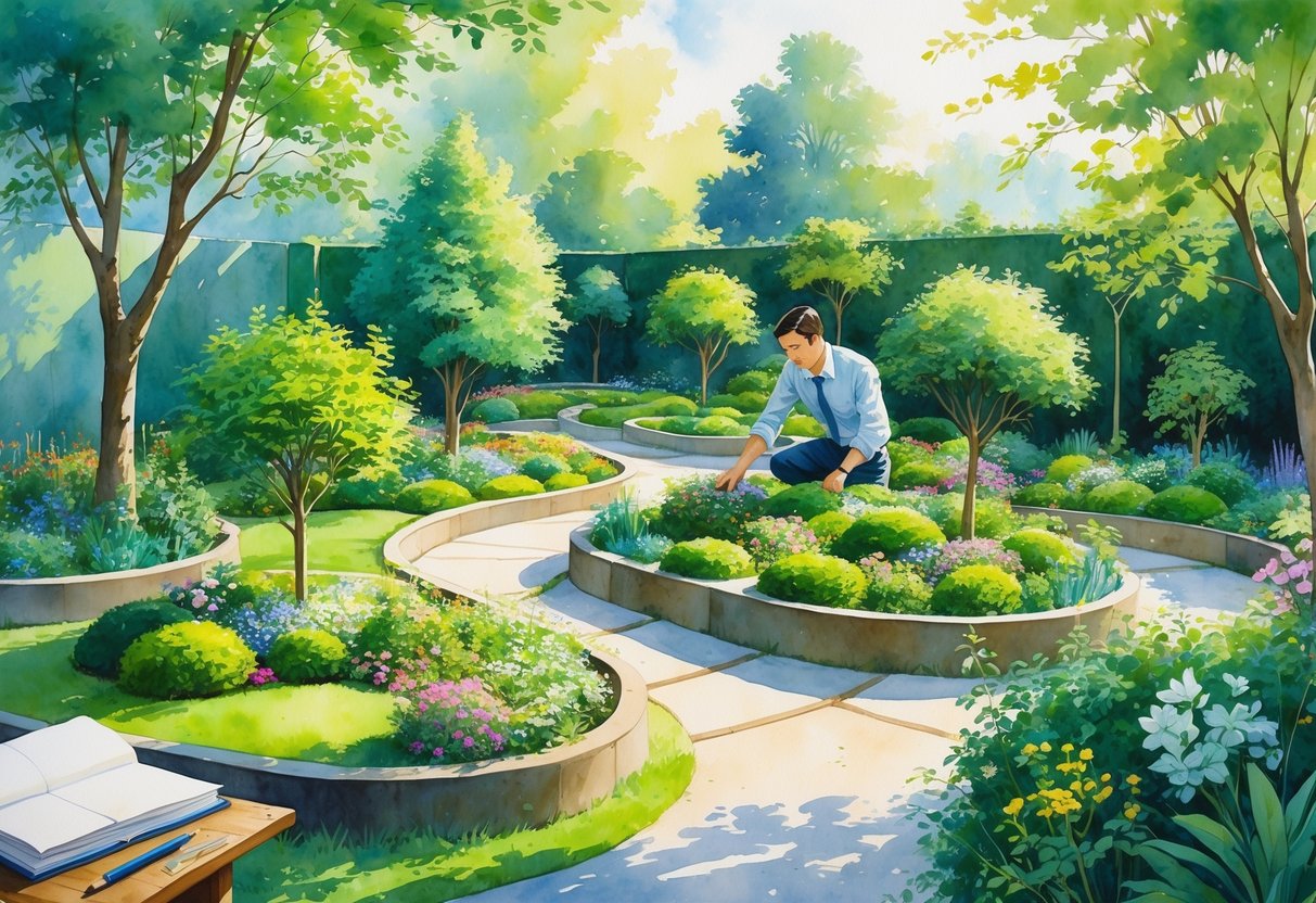 An architect arranging plants and flowers in a garden with geometric patterns, surrounded by gardening tools and pathways.