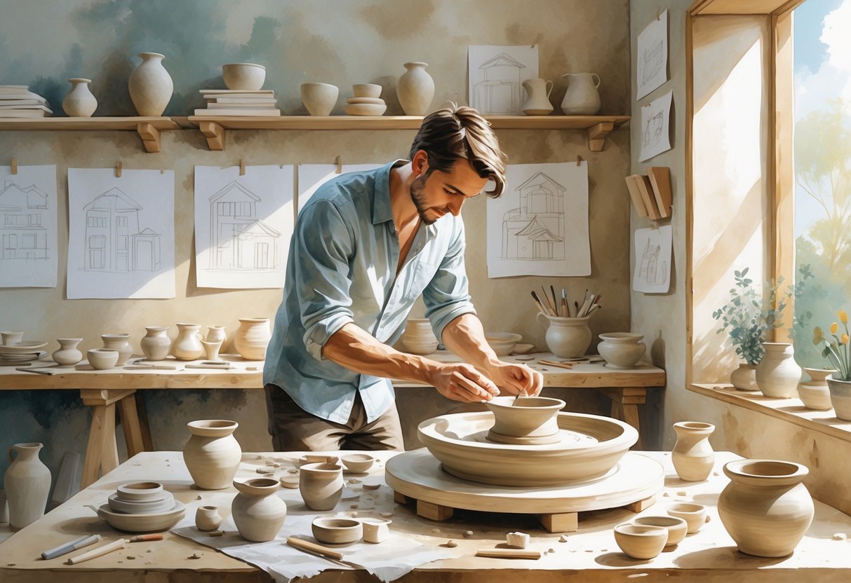 An architect shaping clay on a pottery wheel in a cozy studio surrounded by pottery tools, finished ceramics, and architectural sketches.