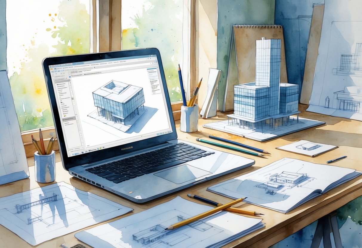 An architect's desk with a laptop showing 3D modeling software, architectural sketches, a small building model, and drafting tools in a bright, creative workspace.