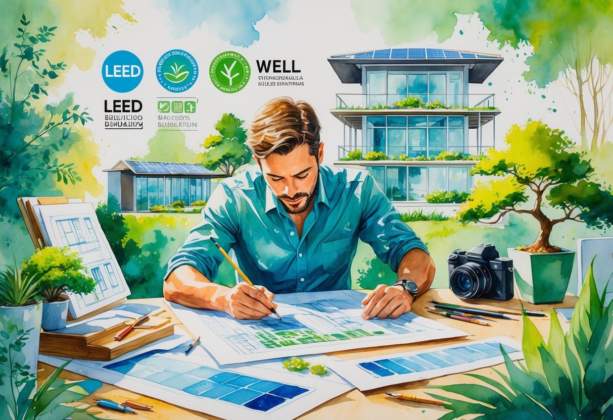 An architect working at a desk surrounded by plants and sustainable building materials, sketching eco-friendly building designs with creative tools nearby.