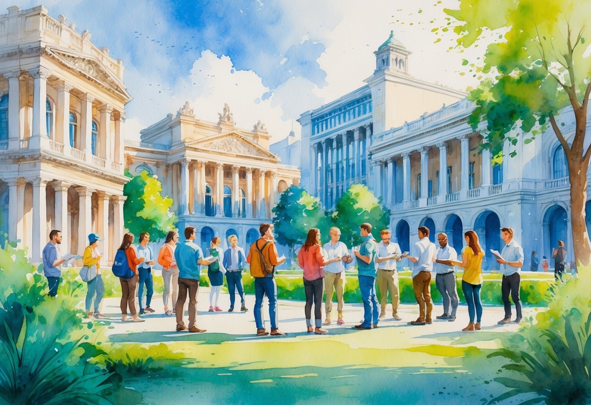 A group of people exploring and sketching buildings outdoors during an architecture tour in a green park.