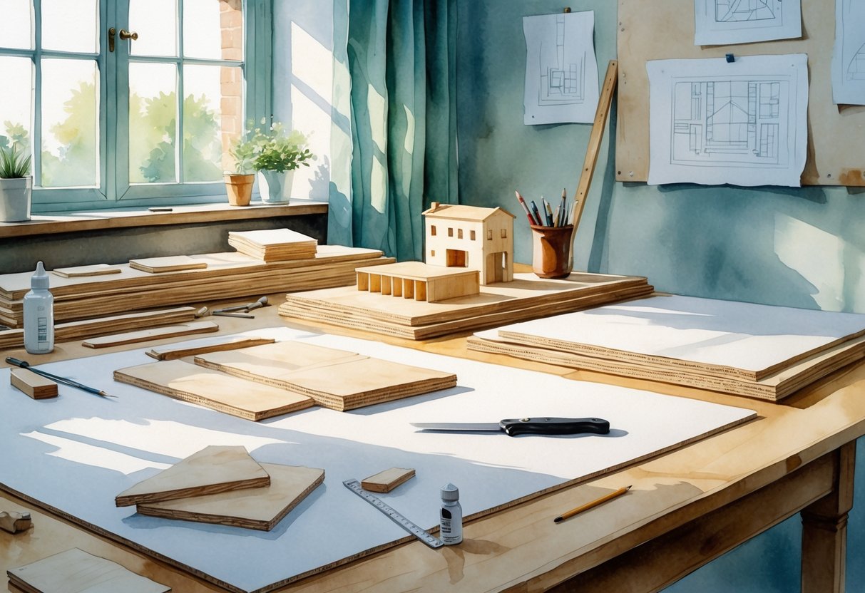 A workspace with foam board, balsa wood, tools, and architectural model pieces arranged on a wooden desk with sketches in the background.