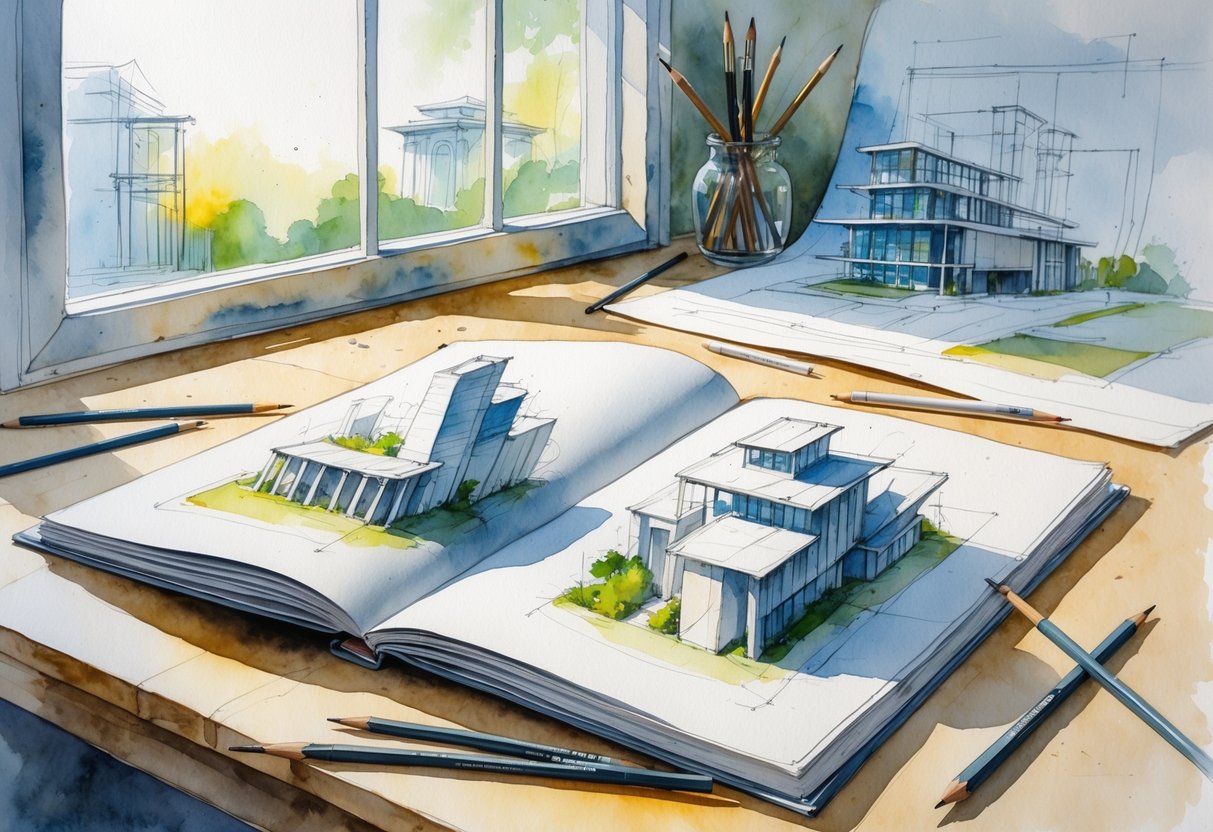 A workspace with an open sketchbook showing architectural drawings, pencils and brushes on a wooden desk near a window with soft light.