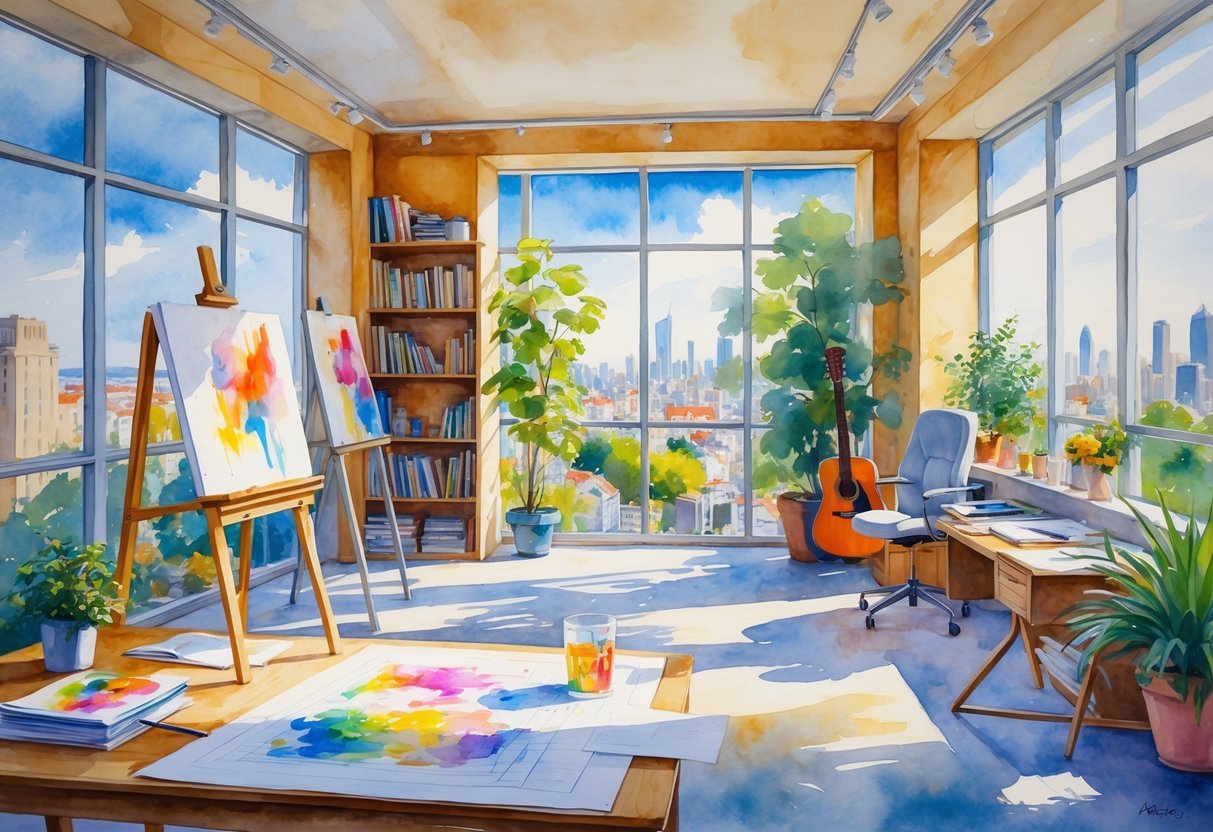 An architect working in a bright studio surrounded by architectural tools, a painting easel, a guitar, plants, and knitting materials.