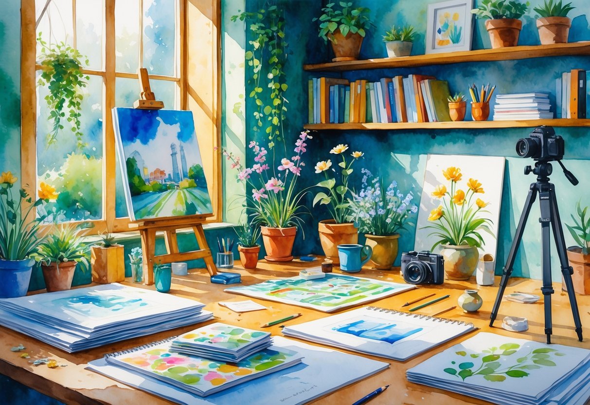 A creative workspace showing an architect's desk with sketchbooks, models, and various hobby items like a painting easel, gardening tools, a guitar, pottery wheel, and a camera, all arranged in a bright room with shelves and plants.