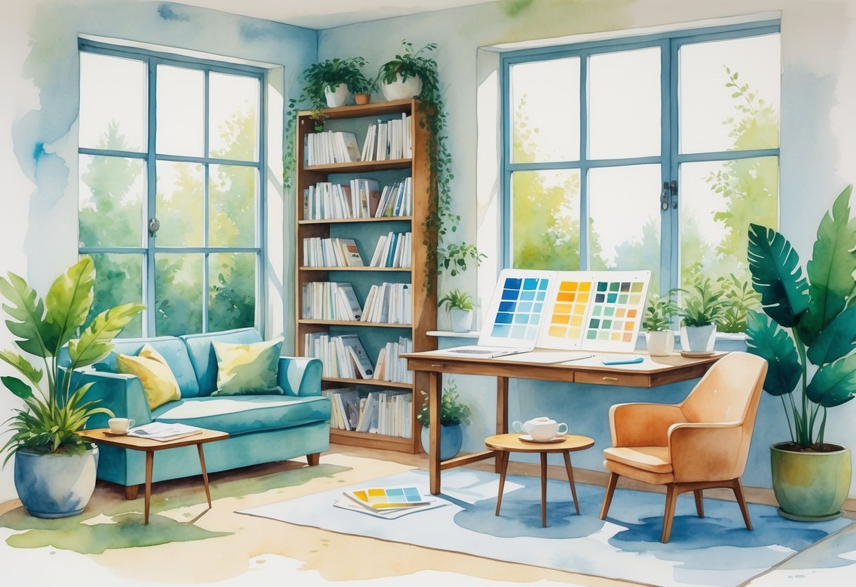A bright and cozy interior room with a reading nook, drafting table with art supplies, plants, and comfortable furniture.