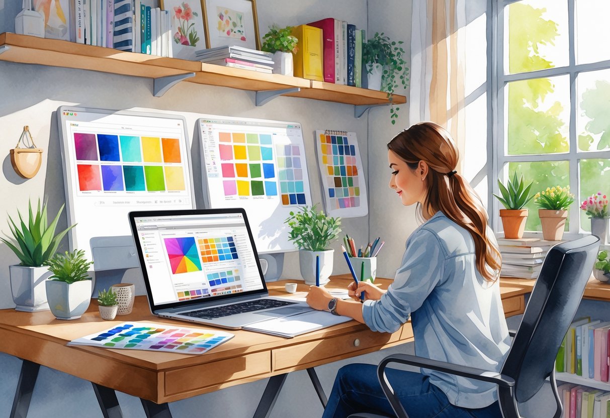 A person sitting at a desk in a home office, using a laptop and taking notes, surrounded by design materials and plants.