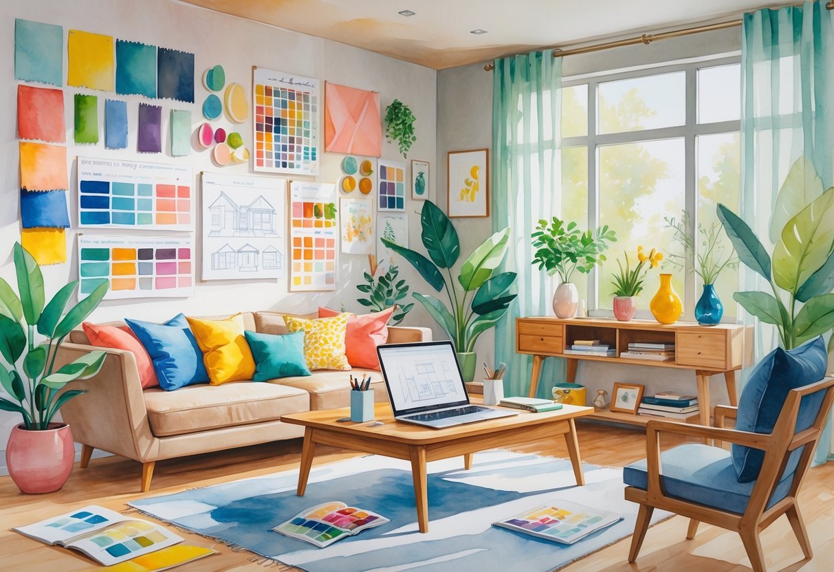 A cozy living room with a sofa, armchairs, a desk with a laptop and design tools, mood boards on the walls, and plants by large windows.