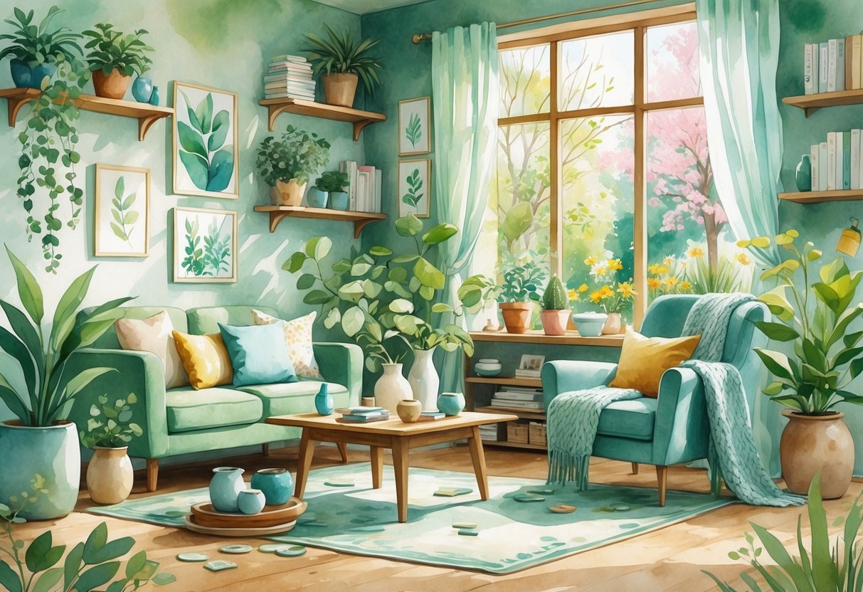 A cozy living room with plants, pottery, art supplies, books, and a window showing a garden outside.