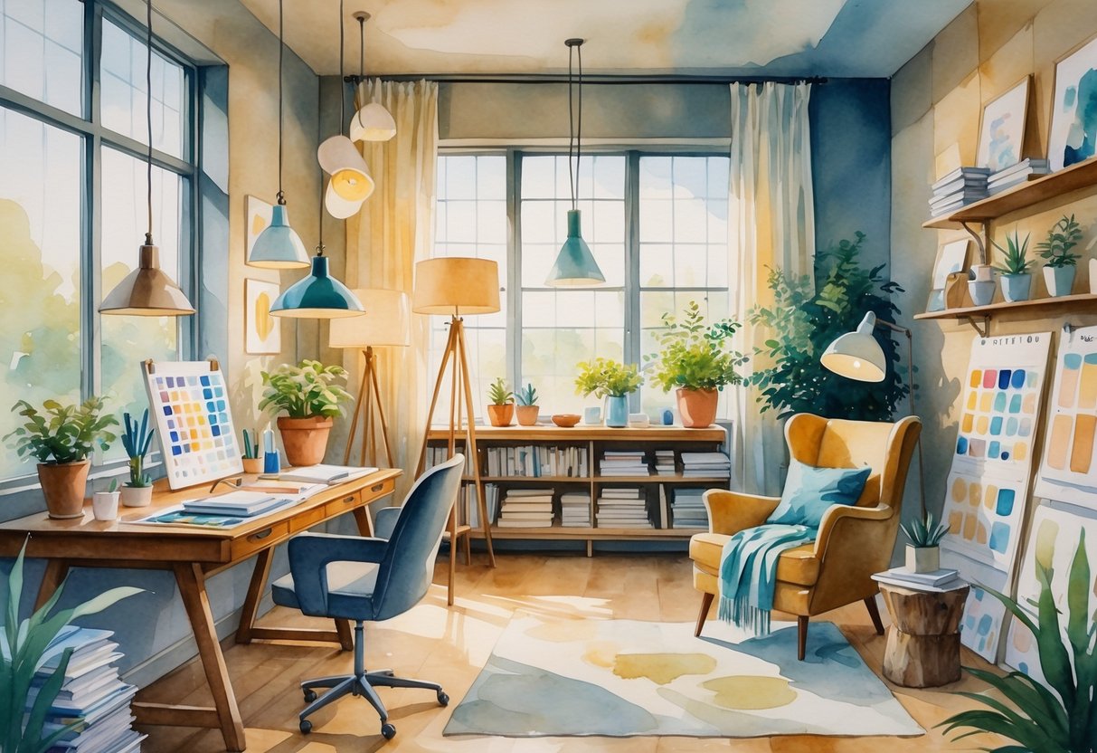 A cozy interior design studio with various lighting fixtures, a wooden desk with art supplies, shelves with books and plants, and a comfortable armchair.