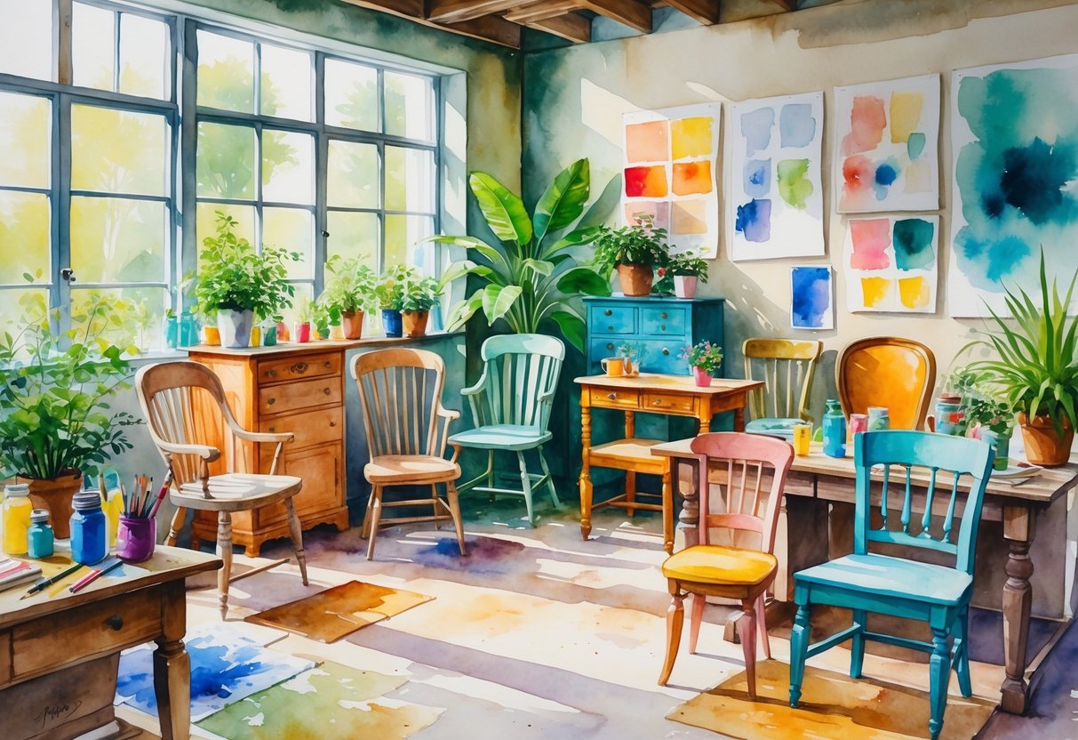 A cozy interior design studio with restored furniture, art supplies on a workbench, plants, and large windows letting in natural light.