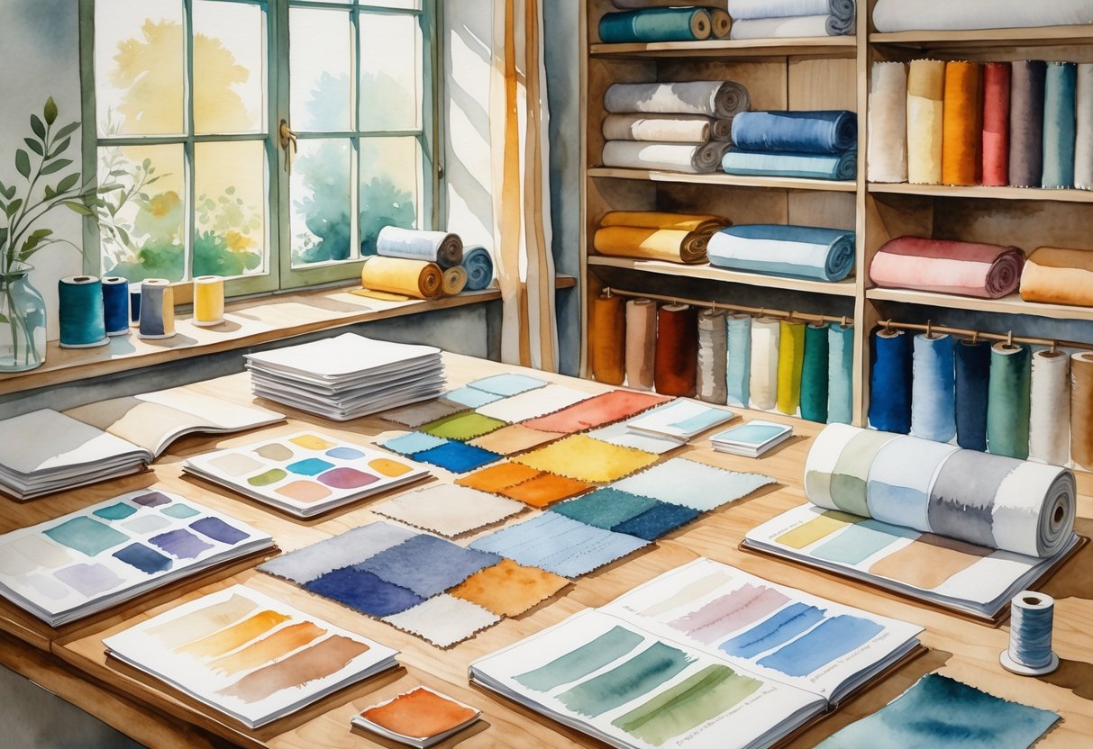A cozy interior design studio with a table covered in fabric samples, sketchbooks, and threads, with shelves of folded fabrics in the background.