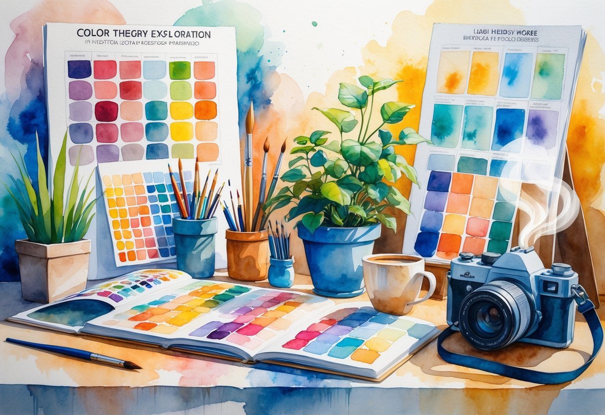 An artist's workspace with colorful paint palette, brushes, fabric samples, a reading nook, potted plants, a sketchbook, a camera, a coffee cup, and a guitar arranged to inspire creativity.
