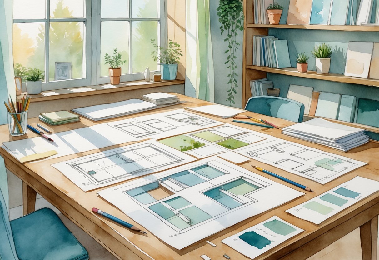 A workspace with sketches, design tools, and plants arranged on and around a drafting table in a bright room.
