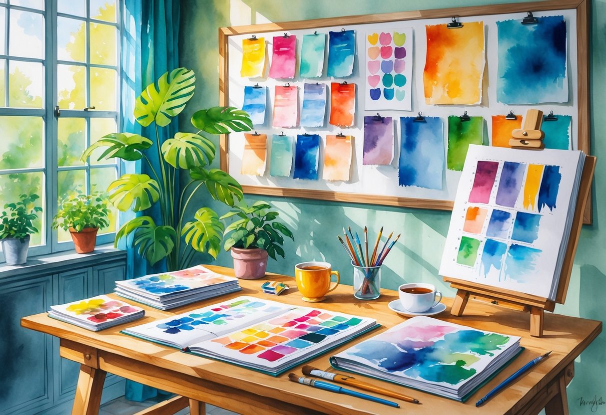 A cozy interior design studio with a drafting table, fabric swatches, paintbrushes, sketchbooks, indoor plants, a cup of tea, an open book, and a mood board with pinned samples and photos.