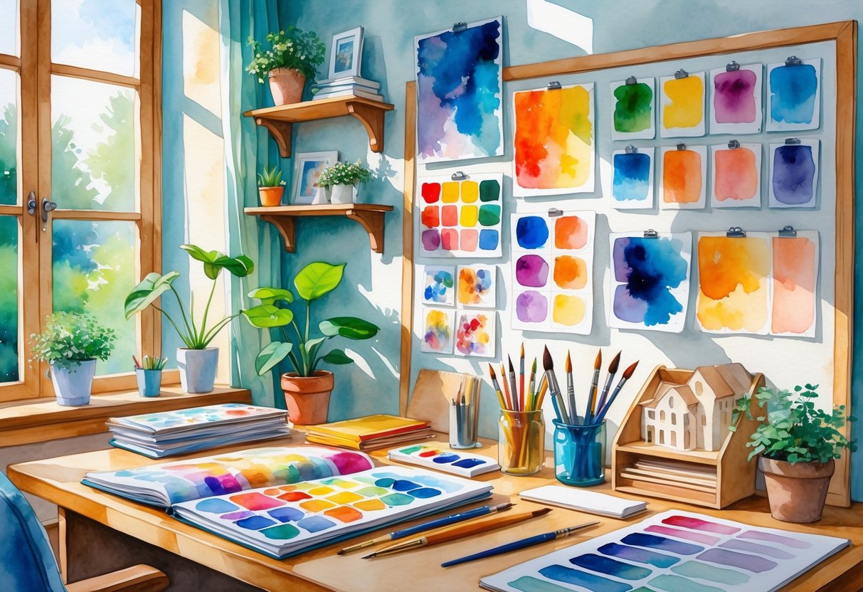 A sunlit interior design studio with a person working surrounded by art supplies, fabric samples, plants, and design models.