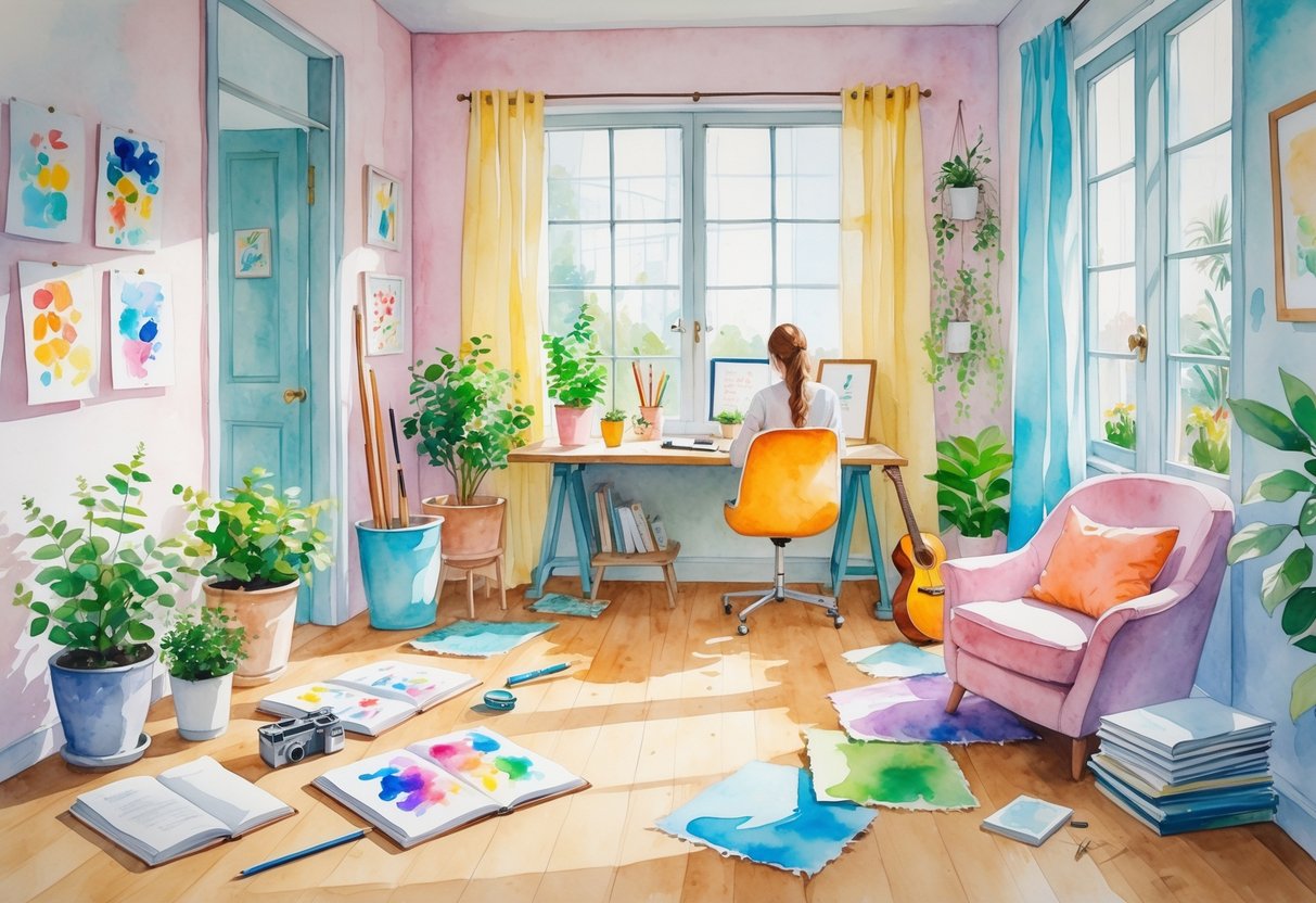 A cozy interior design studio with a designer working surrounded by plants, art supplies, a guitar, a camera, and books.