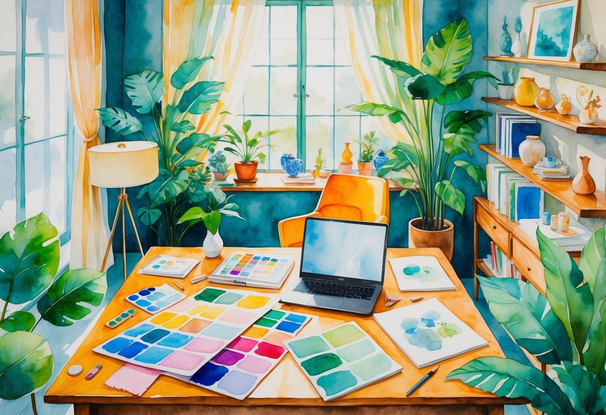 A cozy interior design workspace with a wooden desk, paint swatches, fabric samples, plants, furniture, and books arranged in a warm, inviting room.