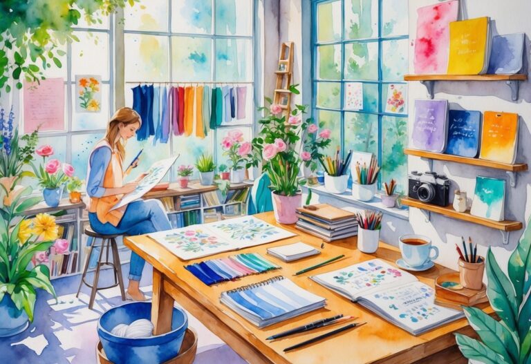 A creative studio with a fashion designer sketching clothes, surrounded by fabric, plants, books, knitting supplies, a camera, and a cup of tea.