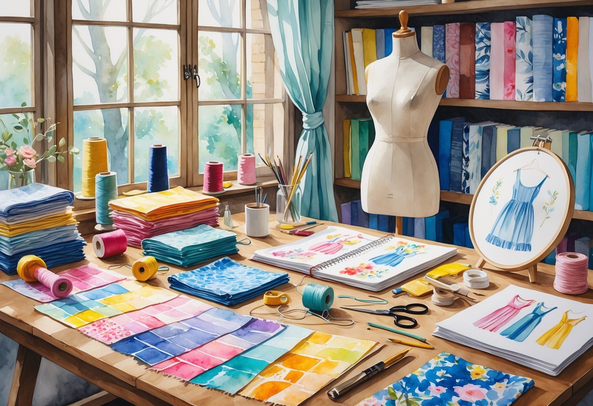 A creative workspace with fabric swatches, sewing tools, knitting supplies, and a mannequin with a garment in progress.