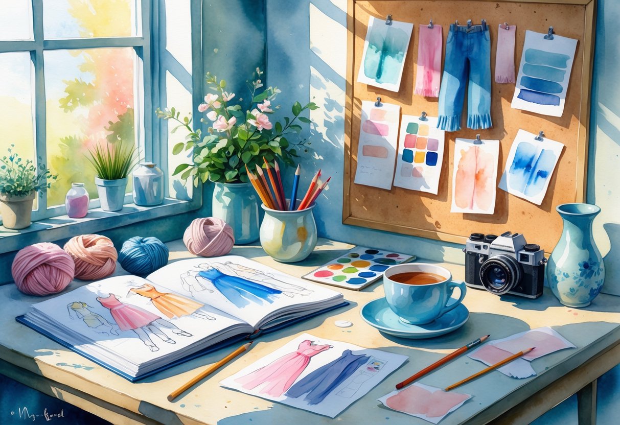 A creative workspace showing fashion sketches, fabric swatches, paintbrushes, a mood board, knitting supplies, and a camera arranged on a table near a sunlit window.
