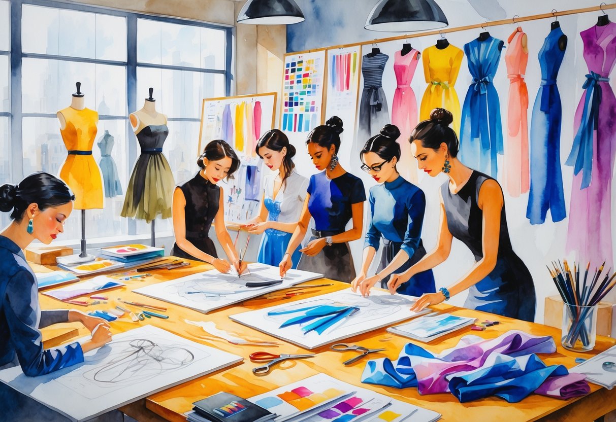 A group of fashion designers working together in a bright workshop surrounded by fabrics, sketches, and mannequins with partially finished clothing.
