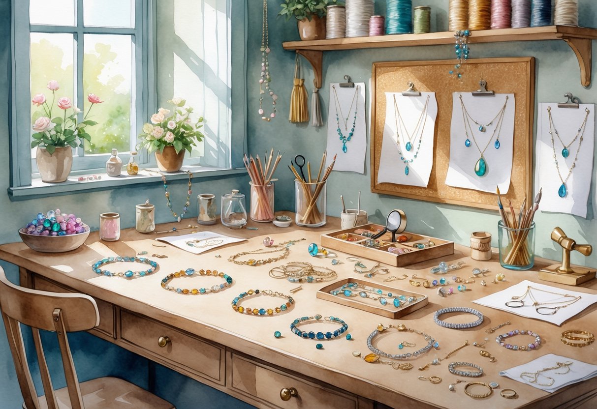 A workspace with jewelry pieces, tools, gemstones, and design sketches arranged on a wooden table and shelves.
